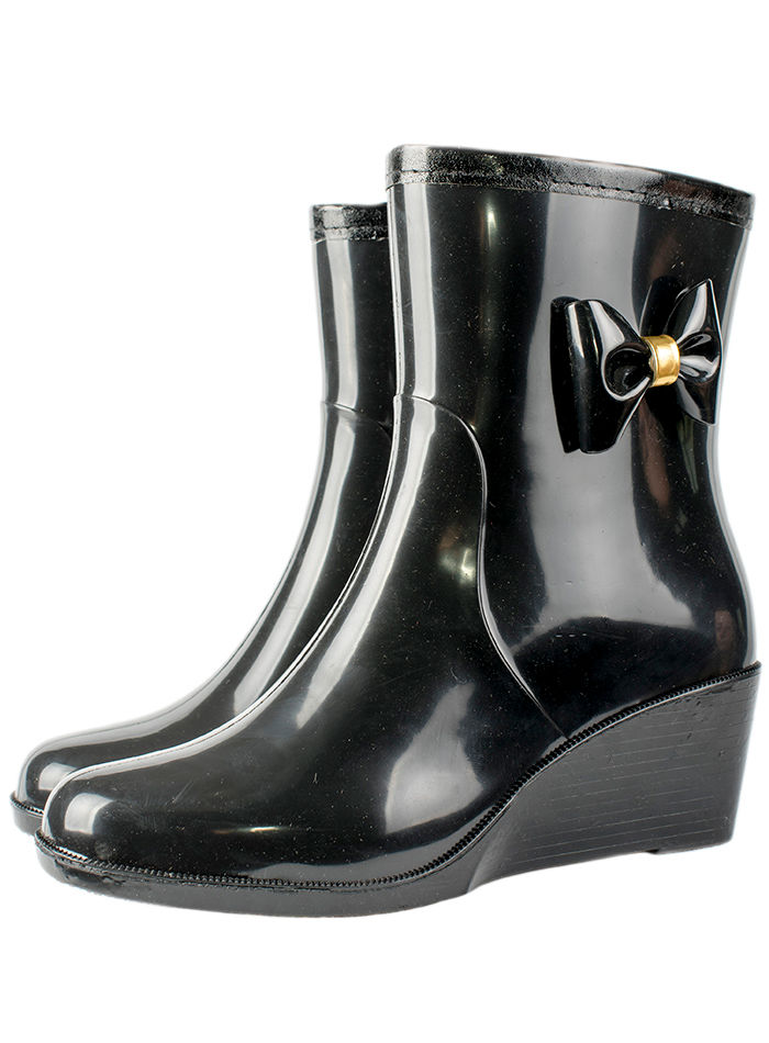 Полусапожки женские ПВХ однотонные на танкетке с бантом, на молнии, утепленные