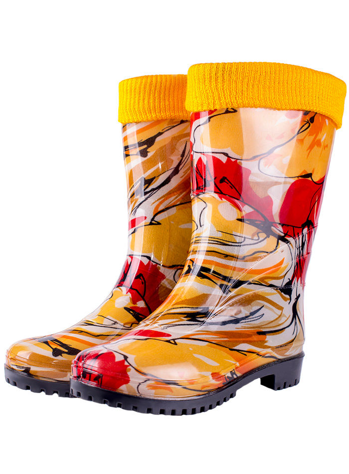 Сапоги женские ПВХ разноцветные с трикотажной манжетой, утепленные