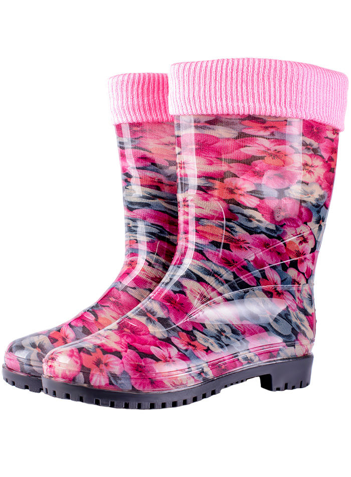 Сапоги женские ПВХ разноцветные с трикотажной манжетой, утепленные