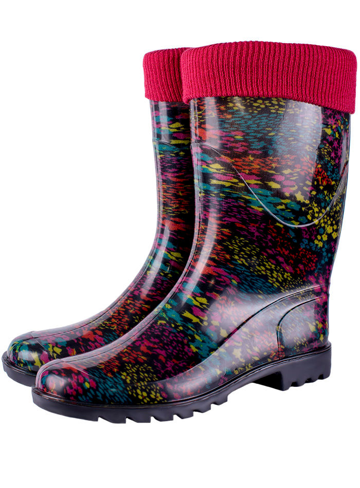 Сапоги женские ПВХ разноцветные с трикотажной манжетой, утепленные