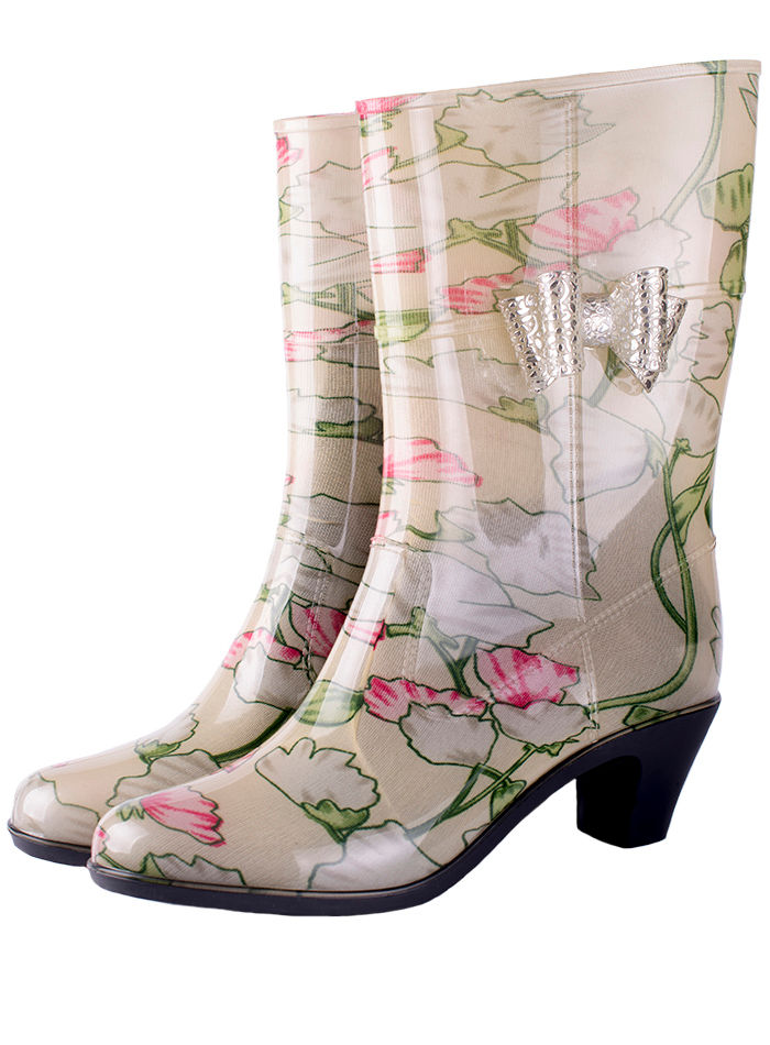 Сапоги женские ПВХ разноцветные на каблуке, утепленные