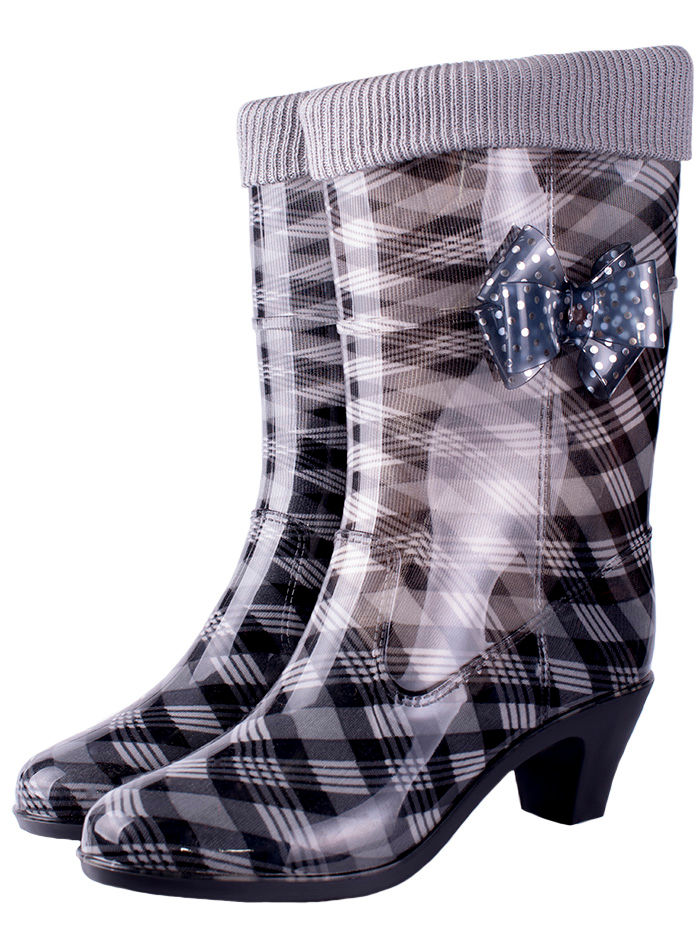 Сапоги женские ПВХ разноцветные на каблуке с трикотажной манжетой, утепленные