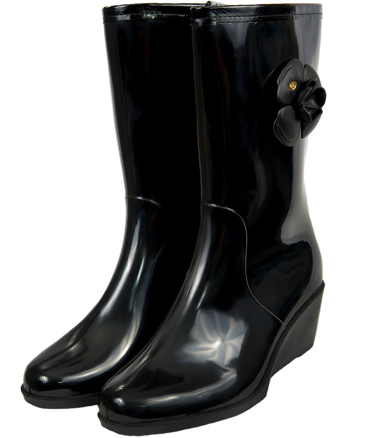 Сапоги женские ПВХ однотонные на танкетке с розой, на молнии, утепленные